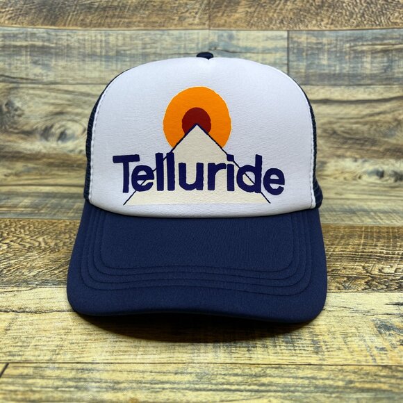 Telluride Colorado Mens Trucker Hat Navy Snapback Skiing Retro Logo Baseball Cap - Picture 2 of 8